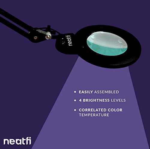 (New Model) Neatfi XL Bifocals 1,200 Lumens Super LED Magnifying Lamp with Clamp, 6 Inches Wide Lens, 4 Level Brightness, Correlated Color Temperature Control, 12W, 120 Pcs SMD LED (Black)