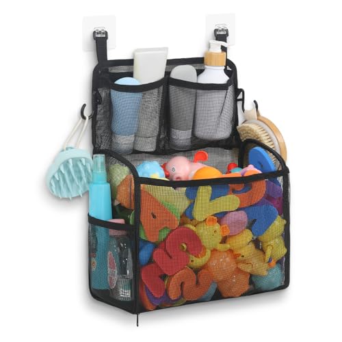 Goowin Bath Toy Storage Holder, Large Openings Bath Toy Organizer, Large Capacity Mesh Bathtub Toy Storage, Multi Use Bath Tub Toy Holder For Bathroom (Black)
