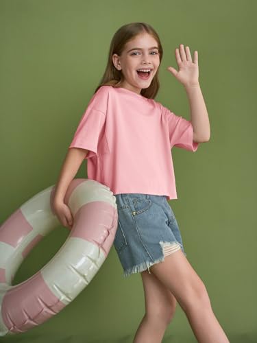 Image of Girls Athletic Oversized Crop Tops Kids Drop Shoulder Short Sleeve T Shirts Workout Tees 5-14 Years