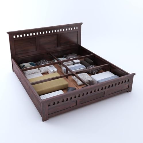 Image of TG Furniture Sheesham Wood King Size Bed with Storage | Wooden Double Bed with Box Storage for Bedroom & Hotel | Platform Cot Bed Palang | 78 X 72 | Walnut Finish