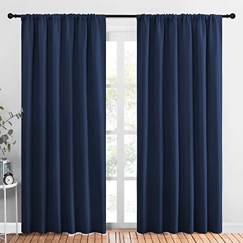 NICETOWN Living Room Curtains, Blackout Draperies, Home Decorations Thermal Insulated Solid Rod Pocket Blackout Drapes for Cafe (Navy, One Pair, 70 x