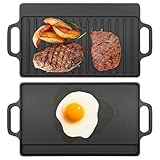 Cast Iron Reversible Grill Griddle, Double Sided Grill and Griddle Pan with Handles, Pre-seasoned Rectangular Flat and Ribbed Cooking Plate for Gas Stovetop, Electric Cooktop