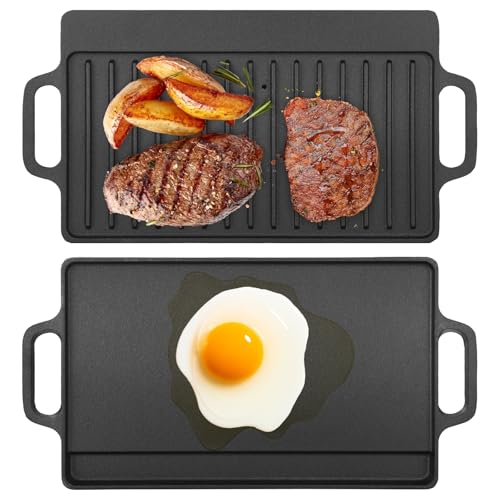 Cast Iron Reversible Grill Griddle, Double Sided Grill and Griddle Pan with Handles, Pre-seasoned Rectangular Flat and Ribbed Cooking Plate for Gas Stovetop, Electric Cooktop