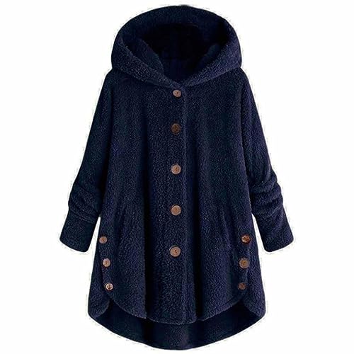 Chaqueta de invierno con capucha para mujer, talla grande, con botones, de felpa, con capucha, holgada, abrigo de lana, chaqueta de invierno, ropa de talla grande para mujer, azul marino, XXL