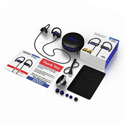 SENSO Bluetooth Headphones, Best Wireless Sports Earphones w/Mic IPX7 Waterproof HD Stereo Sweatproof Earbuds for Gym Running W   orkout 8 Hour Battery Noise Cancelling Headsets (Black Blue)