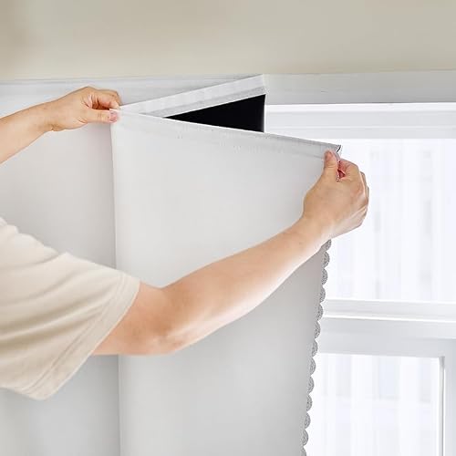 AJAZZ Self Adhesive Curtains 100% Blackout Shades Window Cover Sticky Curtain Portable Easy Open Black Out Curtains for Bedroom Living Room No Drilling (White, 59" W x 63" L 1 Panel)