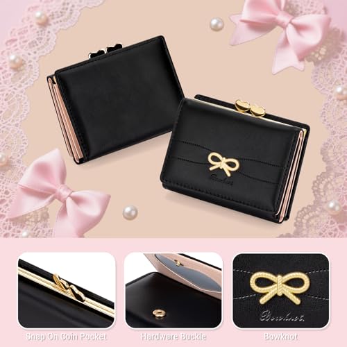 Image of YINHEXI Small Bow Wallet for Women with RFID Blocking - Tri-fold PU Leather Card Holder, Coin Pocket & Heart ID Window, Cute Aesthetic Purse for Girls Teens (Bow Black)