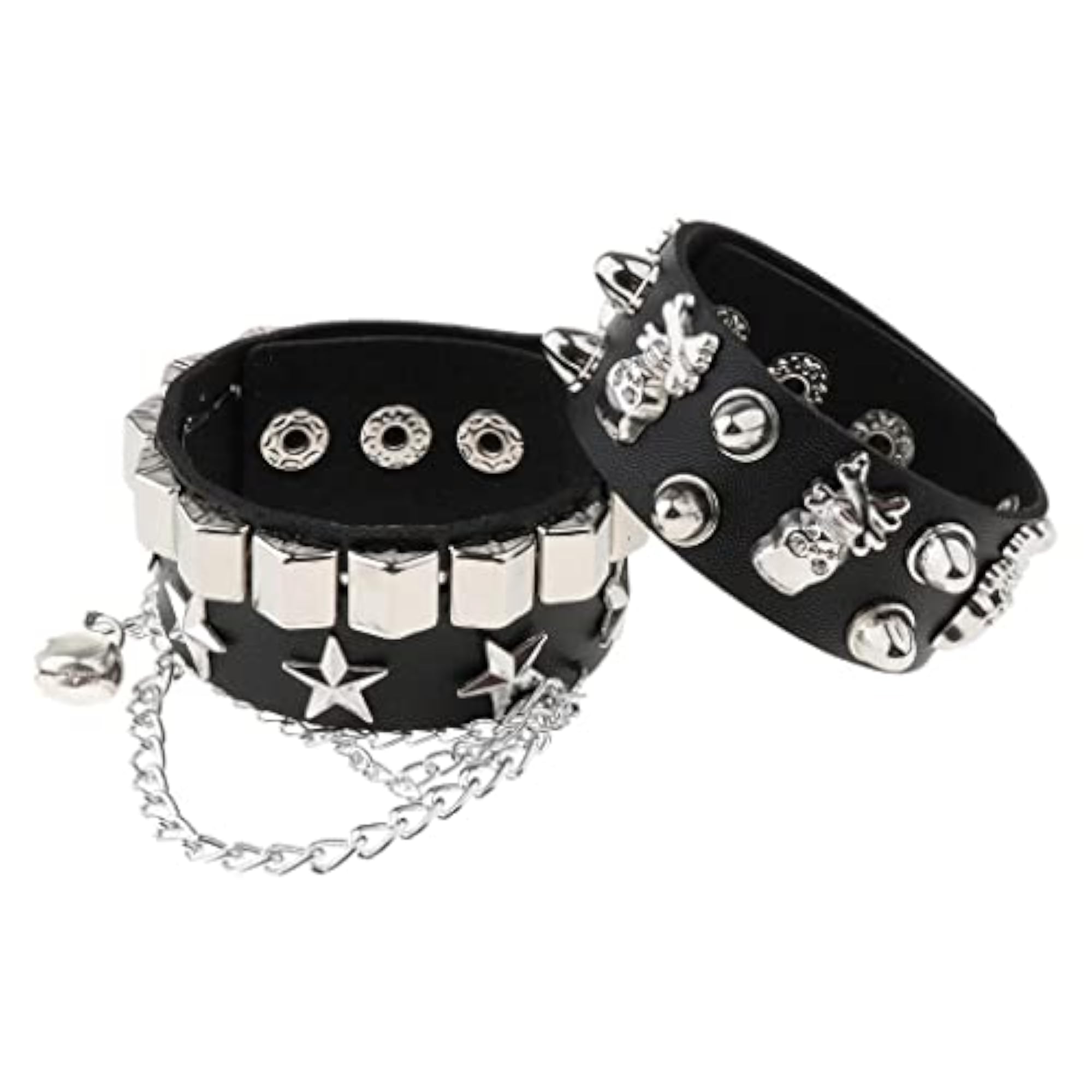 Layered Gothic Skull Punk Bracelet, Black Rivet Leather Cuff
