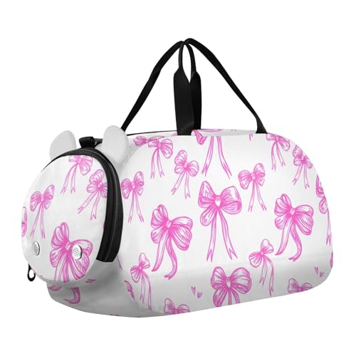 Hand-drawn Pink Bows Duffle Bag for Girl, Sports Duffle Gym Bags with Shoe Compartment, Personalized Overnight Bag Travel Weekender for Kids