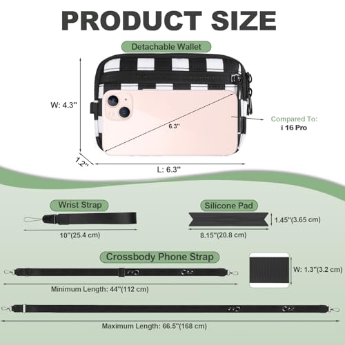 Image of YFWE Clip and Go Strap for Phone with Wallet Crossbody, Adjustable Phone Lanyard with Detachable RFID Wristlet Wallet, Phone Strap with Phone Tabs for All Phones, Black Checkered (M)