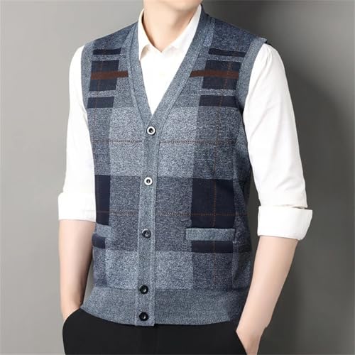 Men's Autumn V-Neck Sleeveless Knit Vest Warm Fleece Checkered Button Cardigan Casual Business Sweater 6