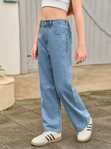 Haloumoning Girls Wide Leg Rhinestone Jeans Kids Baggy Elastic Waisted Denim Pants with Pockets 5-14 Years3