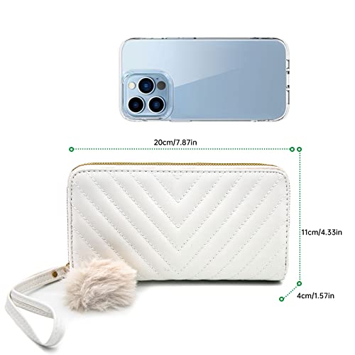 LJCZKA RFID Blocking PU Leather Wallet for Women Large Capacity Double Zipper Pocket With Wristlet Clutch Credit Card Holder (White)4
