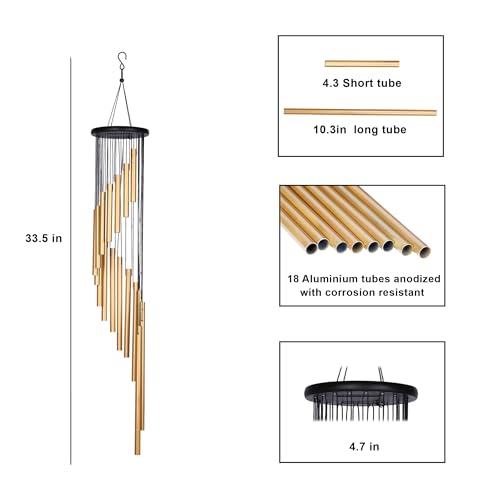 Image of 33.5 inch 18 Pipe Metal Wind Chims for Home Balcony Energy,& Office Positive Energy Meditation and Best Gift for Birthday Anniversary Home Vastu and Return Gift 18 Pipe Black,18 Pipe-Gold