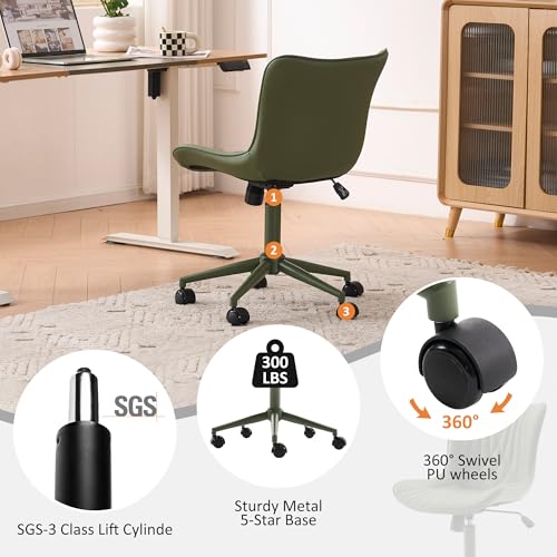 Image of YOUTASTE Green Armless Office Chair, Modern Adjustable Swivel Desk Chair with Wheels, Upholstered PU Leather, Green Metal Legs, Back Support for Home Office, Study, Vanity, Bedroom