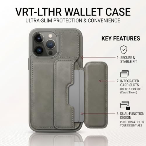 Image of amazon basics Luxury Vegan Leather Back Cover for iPhone 13 Pro | Built-in Card Holder Slot | Integrated Mobile Stand | Slim Shockproof Protective Case with Stitched Finish - Gray