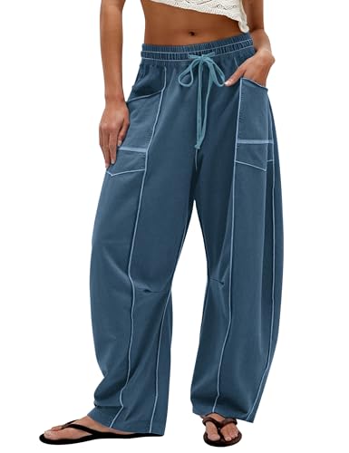 Wide Leg Barrel Sweatpants for Women Baggy Palazzo Pants Drawstring High Waist Color Block Lounge Sweat Pant