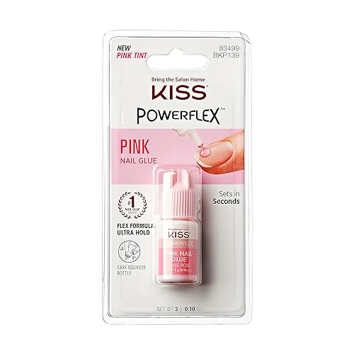 KISS PowerFlex Pink Nail Glue, Ultra Hold Flex Formula, Easy Application Squeeze Bottle, Pink Tint, Super Strong, Instant Bonding, Net Wt. 3g (0.32 Ounces)