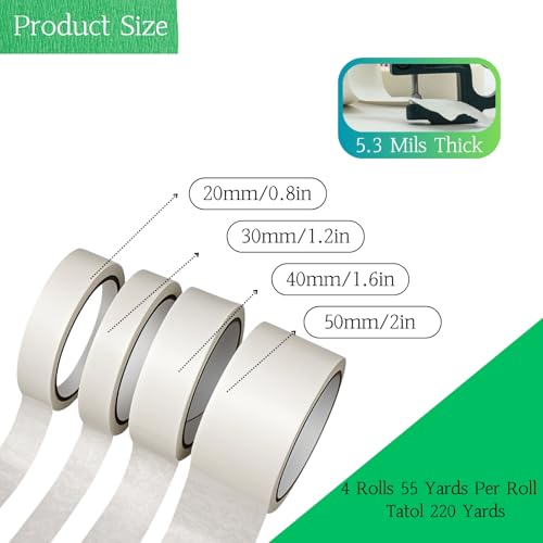 Image of 4 Pack White Masking Tape,Easy to Write Artist Washi Tape Tears Off Without Leaving a Trace for Watercolour Paper Drawing Art Paints Tattoos 0.8 inch 1.2 inch 1.6 inch 2 inch x 55yds 220 Yard in Total