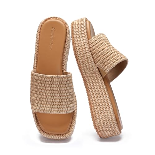 Image of Monrovia Platform Sandals Women Raffia Espadrille Slides, Woven Straw Flatform Beach Sandals Women, Slip On Summer Vacation Shoes, Comfortable Casual Daily Wear