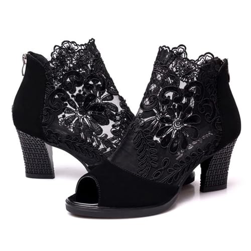 Women's Flowers Lace Fish Mouth Open Toe High Heels Sandals with Back Zipper Cutout Breathable Non-Slip Block Heeled Ankle Bootie Sandals Fashion Wedding Party Dress Shoes3
