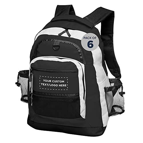 DISCOUNT PROMOS Custom Two Tone Travelers Backpacks Set of 6, Personalized Bulk Pack - Bring Everywhere You Go, Perfect for Hikers, Campers, and for Everyday Use - Black
