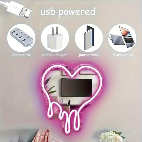 Image of Heart Pink Neon Sign, for Wall Decor, LED Dripping Heart Acrylic Makeup Mirror Neon Signs With Base and Dimmer Switch, for Bedroom Makeup Mirror Home Decor Living Room Bar Wedding Party