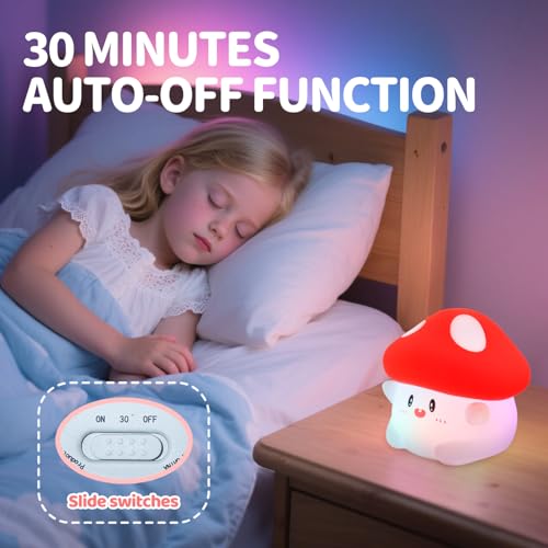 Image of Rytinazzz Silicone Night Light for Kids, 50H Long Battery Mushroom Lamp, RGB Color Changing Mood Light, Gift for Kids, Rechargeable Tap Control, Dimmable Bedside Light
