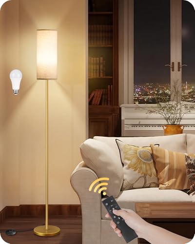 Image of Dimmable Floor Lamps for Living Room with Remote and Foot Switch, 64.4 inch Modern Standing Tall Lamp, Corner Lamp for Bedroom, Bulb Included, 3000K-6500K, White and Gold, FCC Listed DW06LD05W1