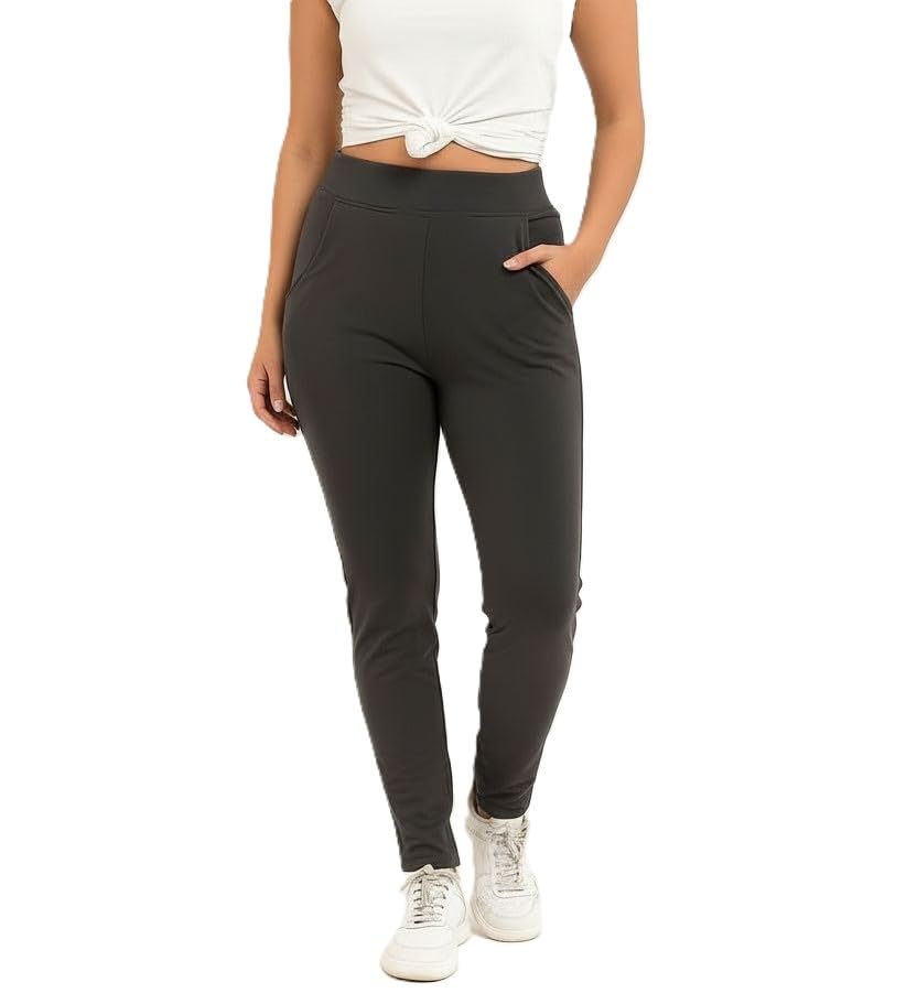 Image of EcoLove Women's Black Ribbed Knit Pants, High-Waisted, Tapered Fit