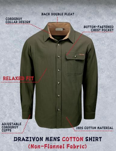 Drazivon Men's Button Down Long Sleeve 100% Cotton Flannel Shirt Green L — view 2