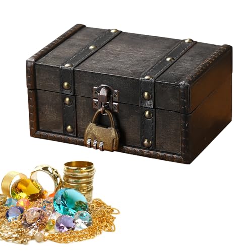 Helweet Cofre del Tesoro de Madera Vintage, Cofre del Tesoro Pirata, cofre Pirata de Madera, pirata Cajas de madera cofre tesoro con Cerradura, para Almacenamiento y Decoración, 15x12x7.5cm