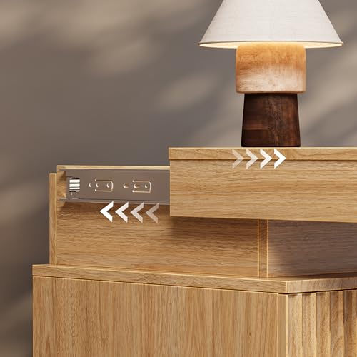 Image of Fluted Nightstand with Charging Station and LED Light, Bedside Table with Sliding Top, USB Ports and AC Outlets, 3 Drawer Storage Cabinet, Modern End Table for Bedroom, Natural Oak