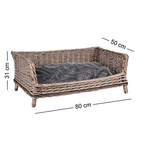 UNUS Hundebett aus Weide, eckiges Hundesofa, 80 cm breit, mit grauem Polyesterkissen, ideal für mittelgroße bis große Hunde