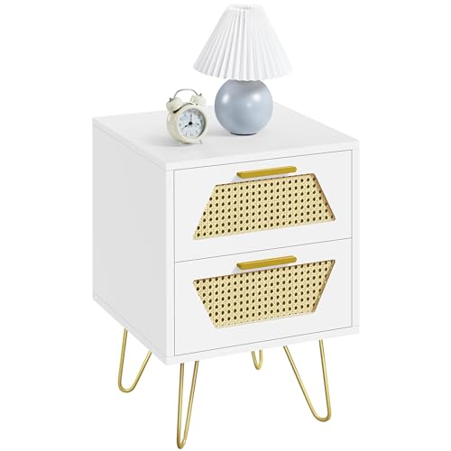 Yaheetech Nachttisch Nachtschrank mit 2 Schubladen Rattan-Design Beistelltisch mit 2 Schubladen Metallbeine Sofatisch Nachtkommode für Boxsprinbgett, Weiß Yaheetech Nachttisch Nachtschrank mit 2 Schubladen Rattan-Design Beistelltisch mit 2 Schubladen Metallbeine Sofatisch Nachtkommode für Boxsprinbgett, Weiß
