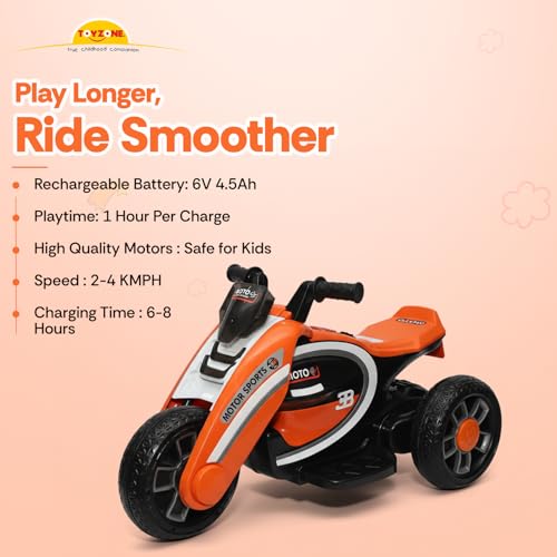 Image of Toyzone Moto Electric Bike (Orange) | 6V Rechargeable Bike with 4.5Ah Battery | LED Lights, Built in Music | Smooth Acceleration | 6M Battery Warranty | Age 2-8 Years, Upto 35 kg