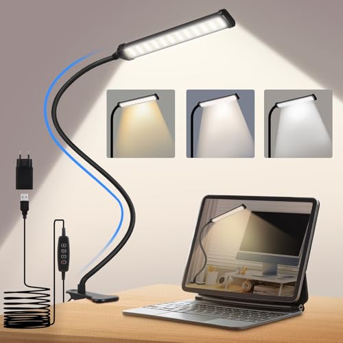 VIIVUU Lámpara LED de Escritorio con Brazo Flexible 360°, Lámpara Para Estudio con Luz cálida,3 Modos y 10 Niveles de Luz, Pinza Ajustable, USB y 70cm para Lectura,Noche (6W)