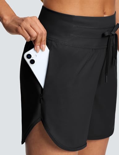 ISEEGZ Women's 5" High Waisted Tummy Control Swim Board Shorts Quick Dry Swimming Shorts for Women with Liner Pockets Black - Image 2