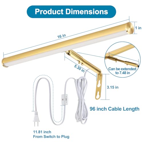 Image of LED Picture Lights for Paintings Plug in, Adjustable Art Light Gallery Wall Light for Display Art Work, 16inch 6W 3000K Warm White, Gold Finish CRI80+ (Pack of 2)