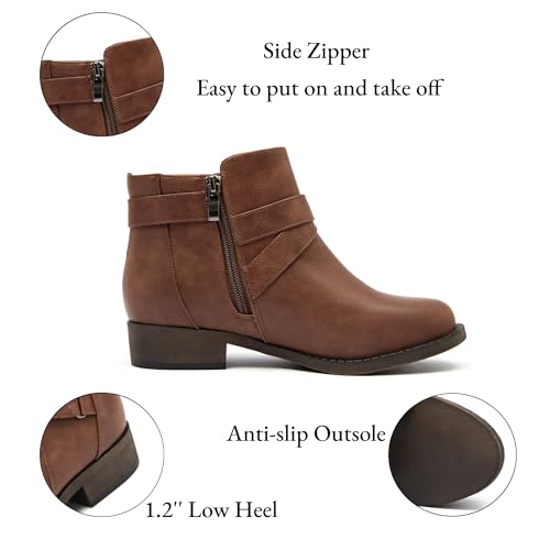 Ataiwee Women's Ankle Boots - Classic Side Zip, Cover with Buckle Strap, Round Toe, Comfortable Platform, Low Chunky Heel Comfort Slip On Fashion (Black/Dark Brown/Grey) Boots.3