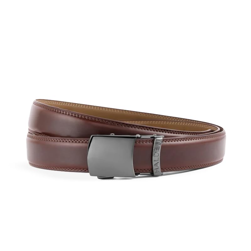 Image of HALDEN BURLEY Men's Brown Ratchet Belt | Auto-Lock Leather Formal Belt with Magnetic Buckle | Adjustable Free Size Fits Up to 44 Inch Waist