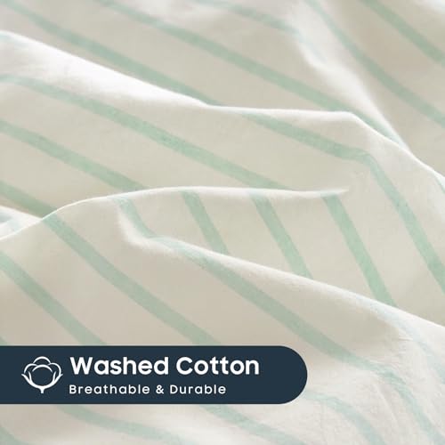 Image of Wake In Cloud - Striped Cotton Duvet Cover Set, Ticking Stripe Vertical Pinstripe Farmhouse, 100% Washed Cotton Textured Bedding Set, 3 Pieces, Aqua White, Full Size