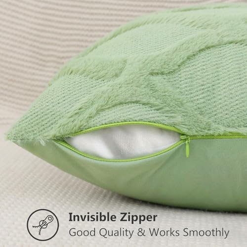 decorUhome Throw Pillow Covers 16x16 Inch Set of 2, Soft Plush Faux Fur Wool Sage Green Couch Pillow Covers, Decorative Neutral Pillow Cases for Bed Sofa Living Room Home Decor