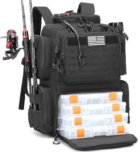 Image of Tactical Fishing Backpack with 4 Tackle Boxes, Rod Holders & Bottle Holder | 50 L Large Insulated Fishing Tackle Backpack with Cooler, Fishing Bag for Store Gear & Equipment