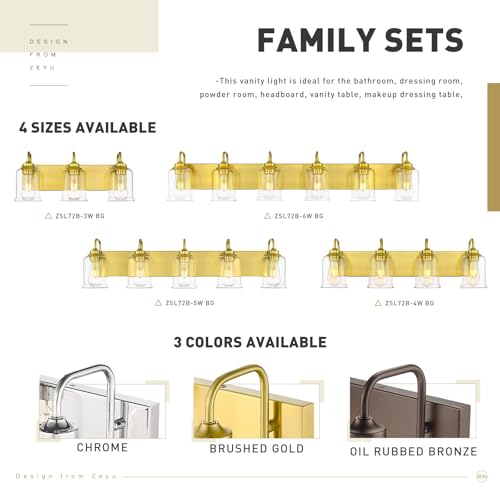 Image of zeyu 21 Inch Gold Bathroom Light Fixtures, 3 Light Bathroom Vanity Light, Modern Vanity Light with Clear Glass Shade, Brushed Gold Finish, ZSL72B-3W BG