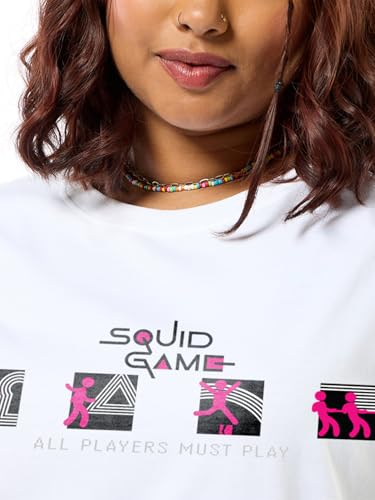 Image of Bewakoof Official Squid Game Merchandise Women's Graphic Print Oversized Fit Half Sleeve Round Neck Pure Cotton Plus Size T-Shirt