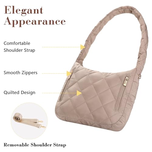 Image of MoKo Puffer Tote Bag with Detachable Strap Small Puffy Crossbody Shoulder Bag, Lightweight Soft Quilted Padding Hobo Bag with Multiple Pockets up to 11inch iPad /Tablets, Coffee