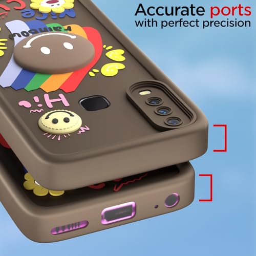 Image of Pikkme Back Cover for Vivo Y12 / Y15 / Y17 / U10 | Soft Silicone| Cute Rainbow Smile & 3D Cartoon Flower Design | Shockproof Raised Camera Protection Bumper Case (Brown)