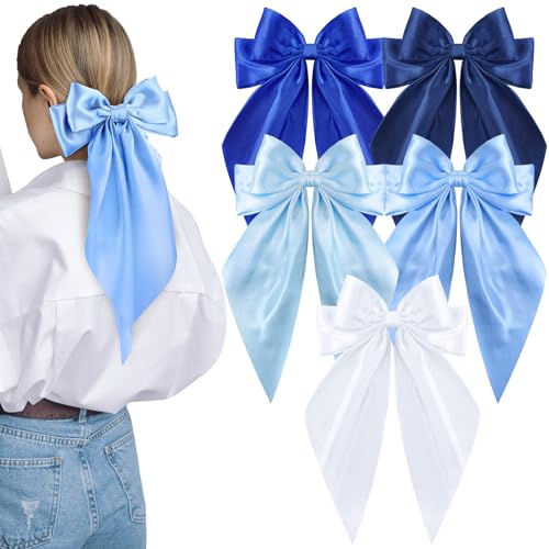 5 Pcs Blue Hair Bows for Women Silky Satin Large Hair Clips for Girls Long Tail Hair Ribbon Accessories