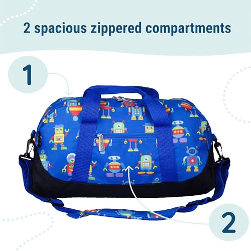 Image of Wildkin Kids Overnighter Duffel Bag - Carry-On Travel Bag for School & Sleepovers, Lightweight, Durable, Boys & Girls Ages 4-15 - Robots